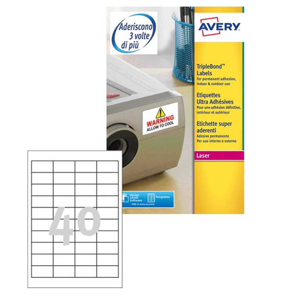 Poliestere adesivo extra L6140 bianco 20fg 45,7x25,4mm (40et/fg laser Avery