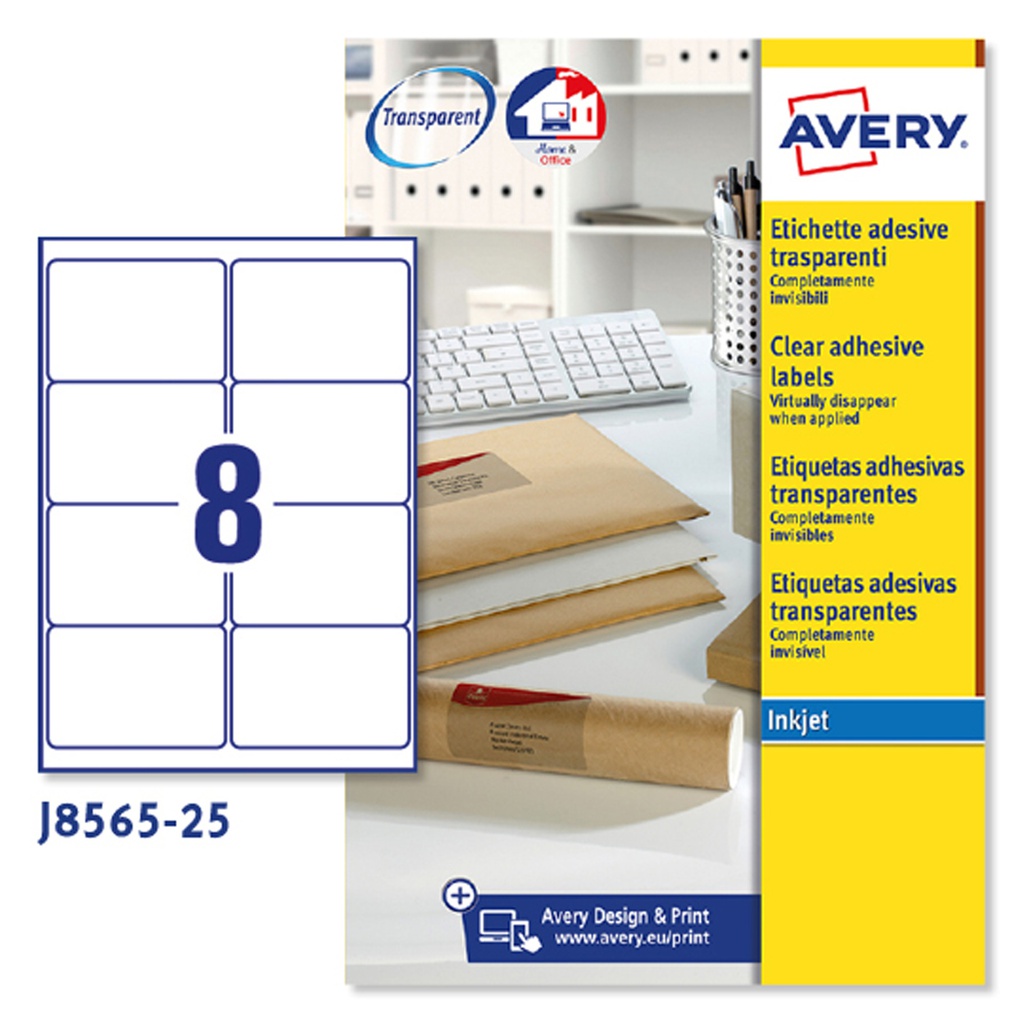 Poliestere adesivo J8565 trasparente 25fg A4 99,1x67,7mm (8et/fg inkjet Avery