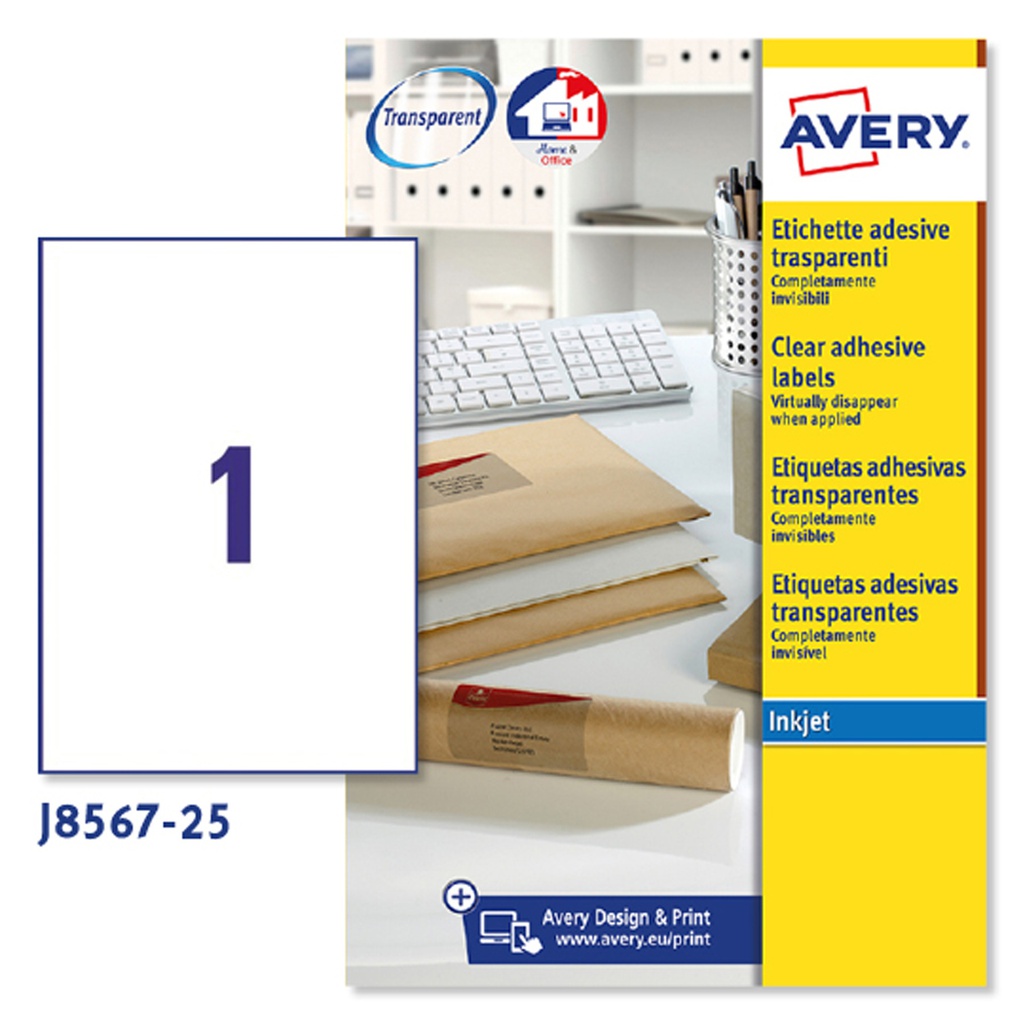 Poliestere adesivo J8567 trasparente 25fg A4 210x297mm (1et/fg inkjet Avery