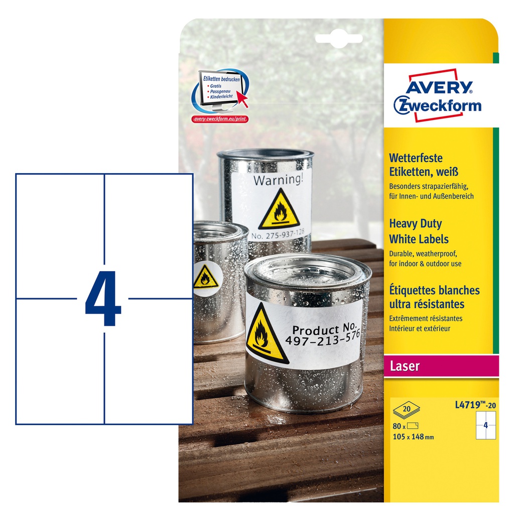 Poliestere adesivo L4719 bianco 20fg A4 105x148mm (4et/fg laser Avery