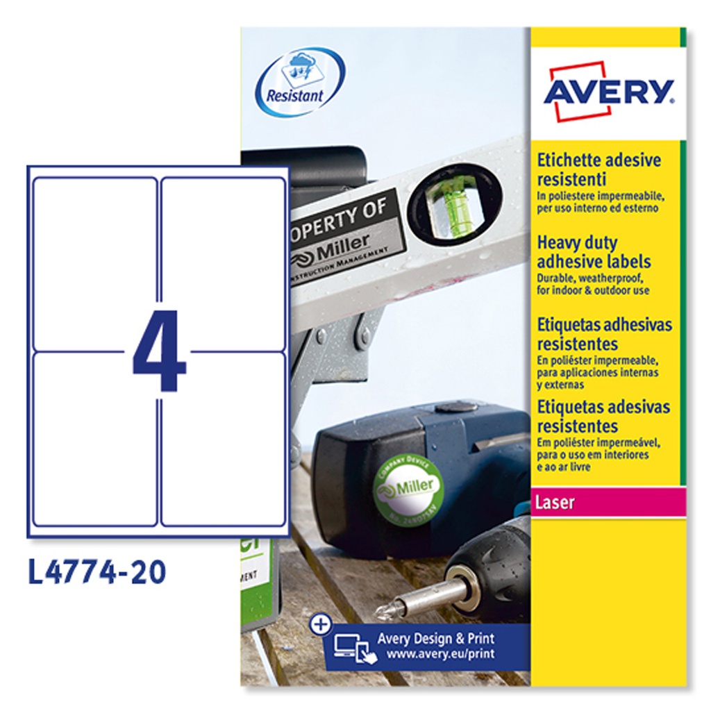 Poliestere adesivo L4774 bianco 20fg A4 99,1x139mm (4et/fg laser Avery