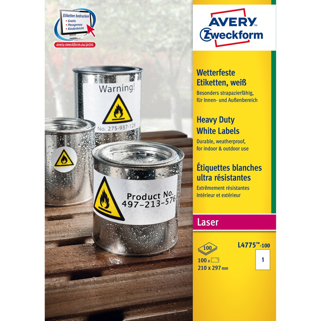Poliestere adesivo L4775 bianco 100fg A4 210x297mm (1et/fg laser Avery