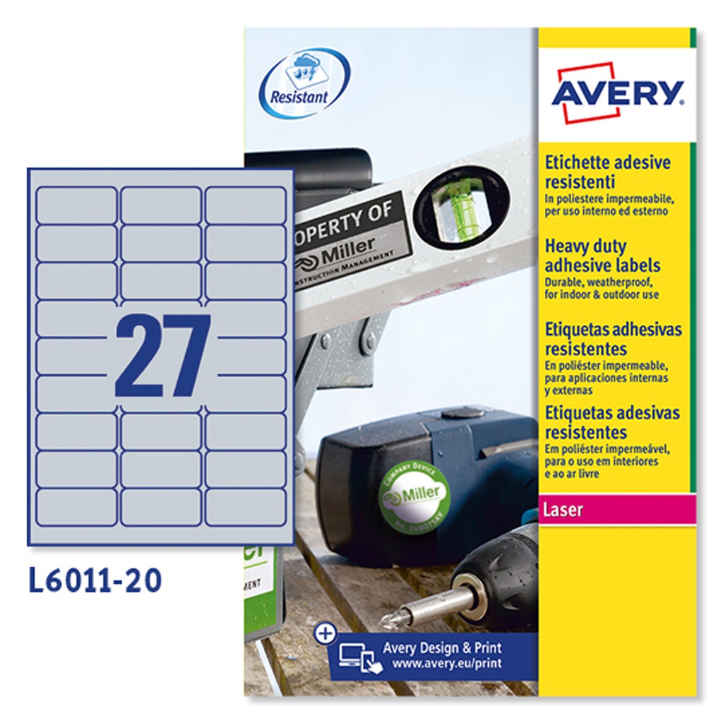 Poliestere adesivo L6011 argento 20fg A4 63,5x29,6mm (27et/fg laser Avery