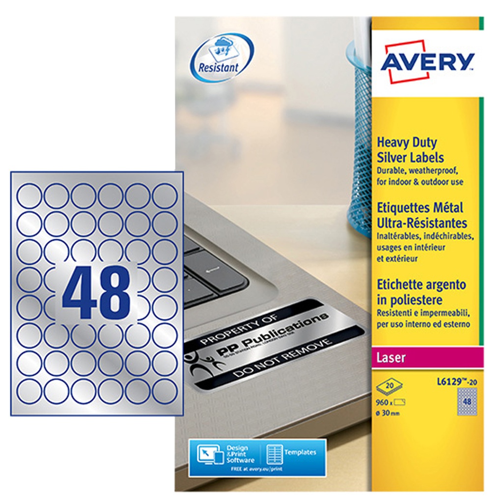 Poliestere adesivo L6129 argento 20fg A4 D 30mm(48et/fg laser Avery