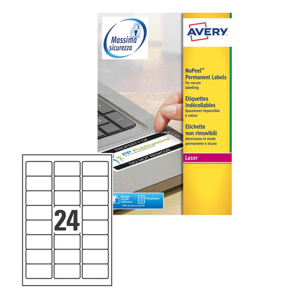 Poliestere adesivo L6146 bianco antim. 20fg A4 63,5x33,9mm (24et/fg laser Avery