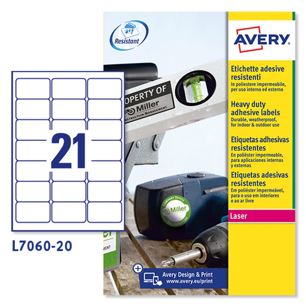 Poliestere adesivo L7060 bianco 20fg A4 63,5x38,1mm (21et/fg laser Avery