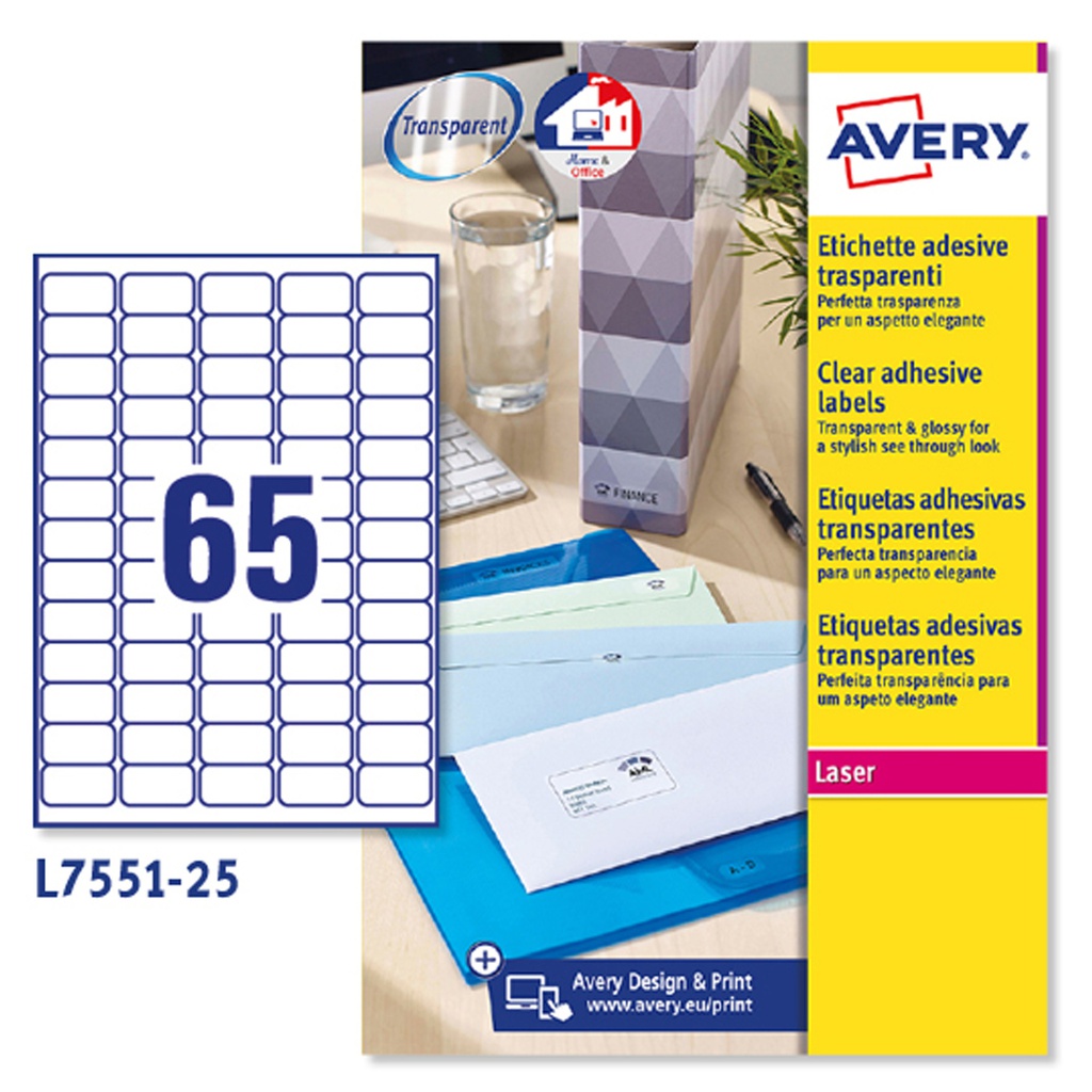 Poliestere adesivo L7551 trasparente 25fg A4 38,1X21,2mm (65et/fg laser Avery