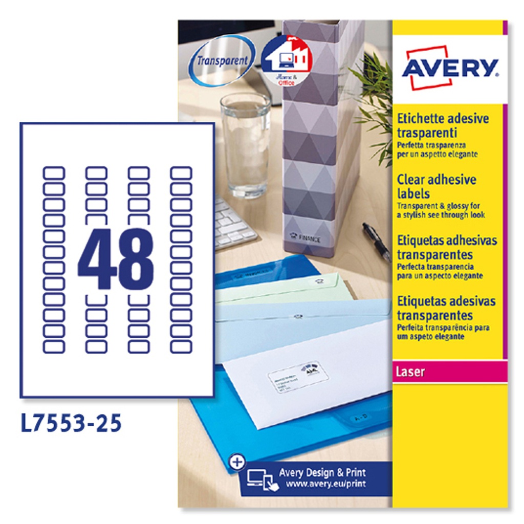Poliestere adesivo L7553 trasparente 25fg A4 22x12,7mm (48et/fg laser Avery