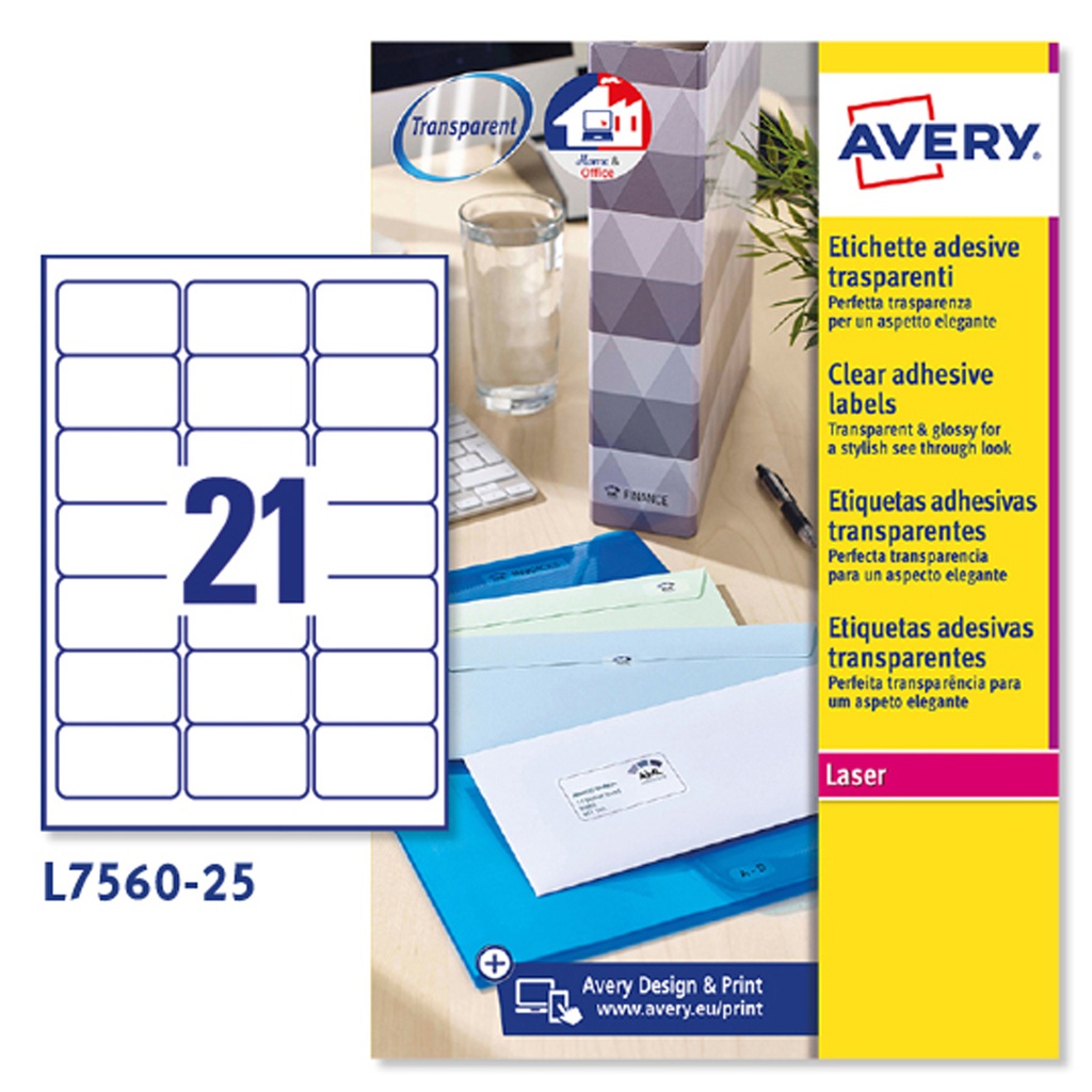 Poliestere adesivo L7560 trasparente 25fg A4 63,5x38,1mm (21et/fg laser Avery