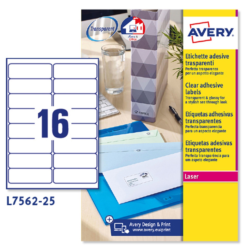 Poliestere adesivo L7562 trasparente 25fg A4 99,1x34mm (16et/fg laser Avery