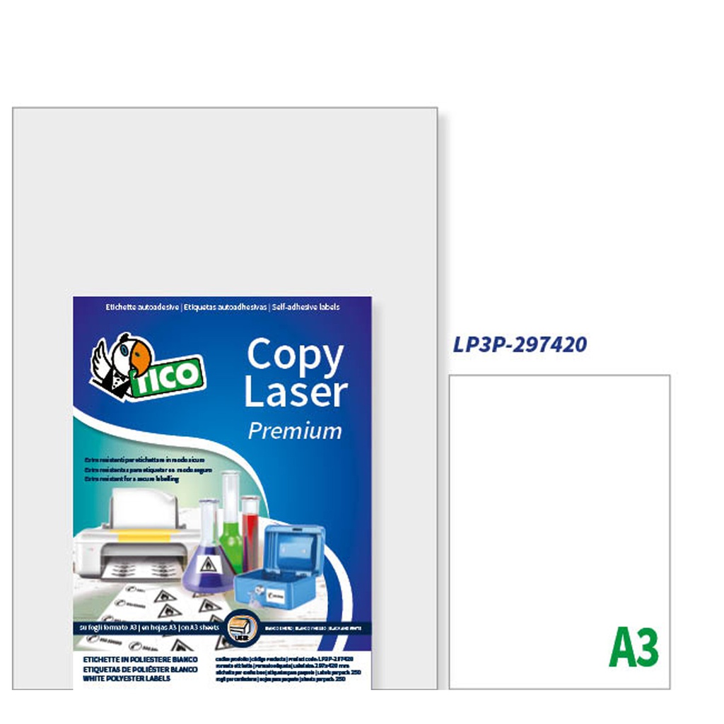 Poliestere adesivo LP3P bianco 250fg A3 297x420mm (1et/fg laser Tico