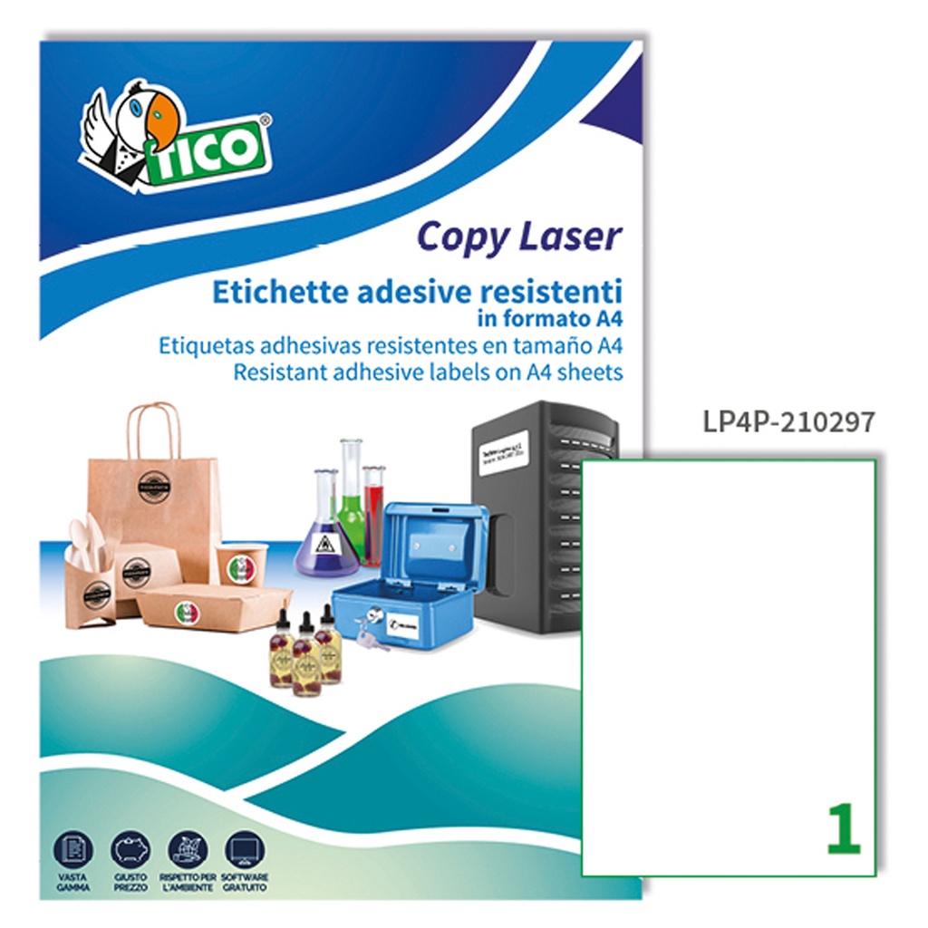Poliestere adesivo LP4P bianco 70fg A4 210x297mm (1et/fg laser Tico