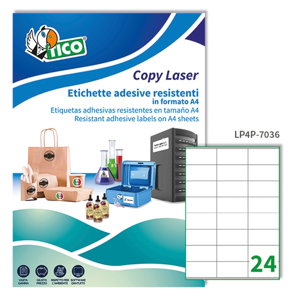 Poliestere adesivo LP4P bianco 70fg A4 70x36mm (24et/fg laser Tico