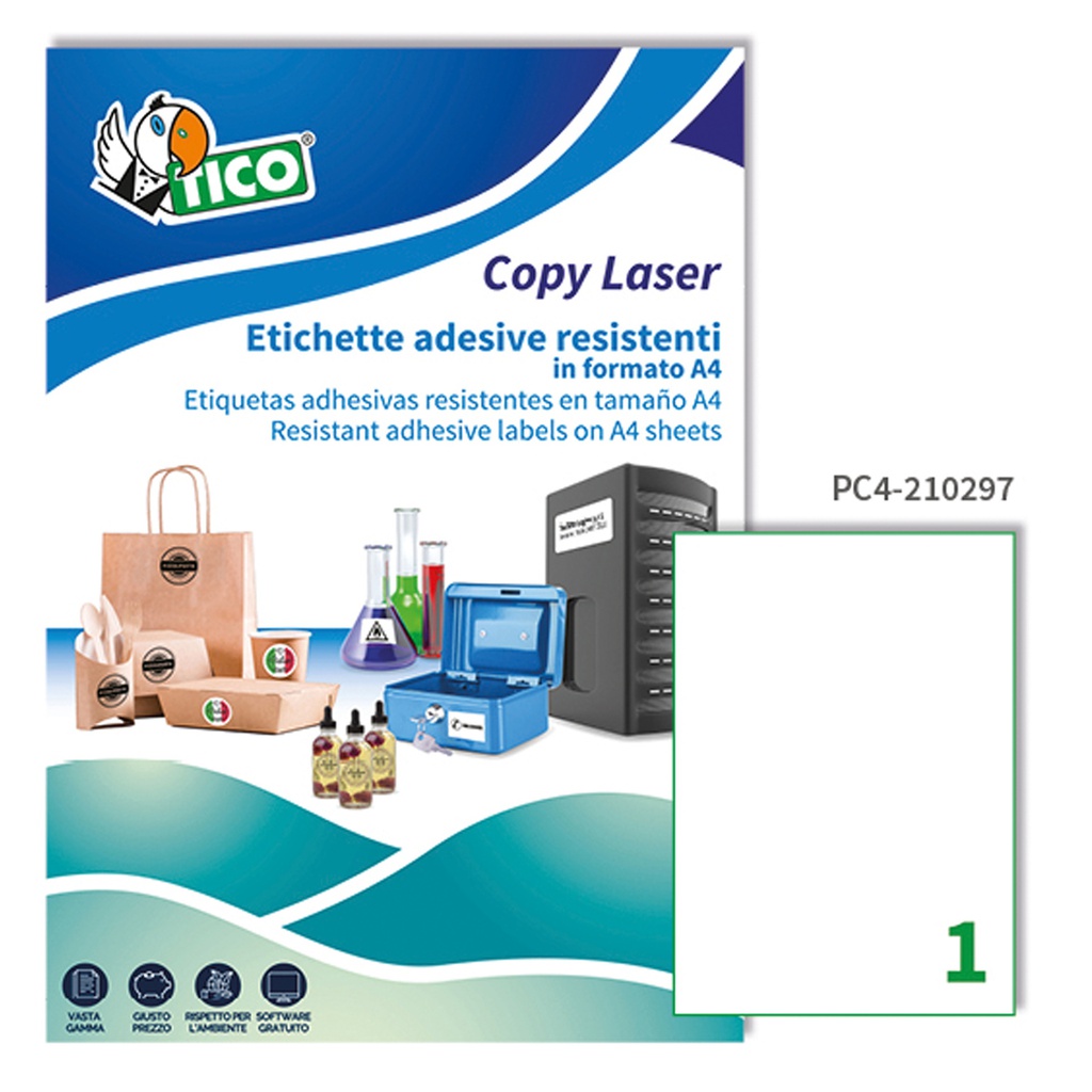 Poliestere adesivo PC4 trasparente 100fg A4 210x297mm (1et/fg laser Tico