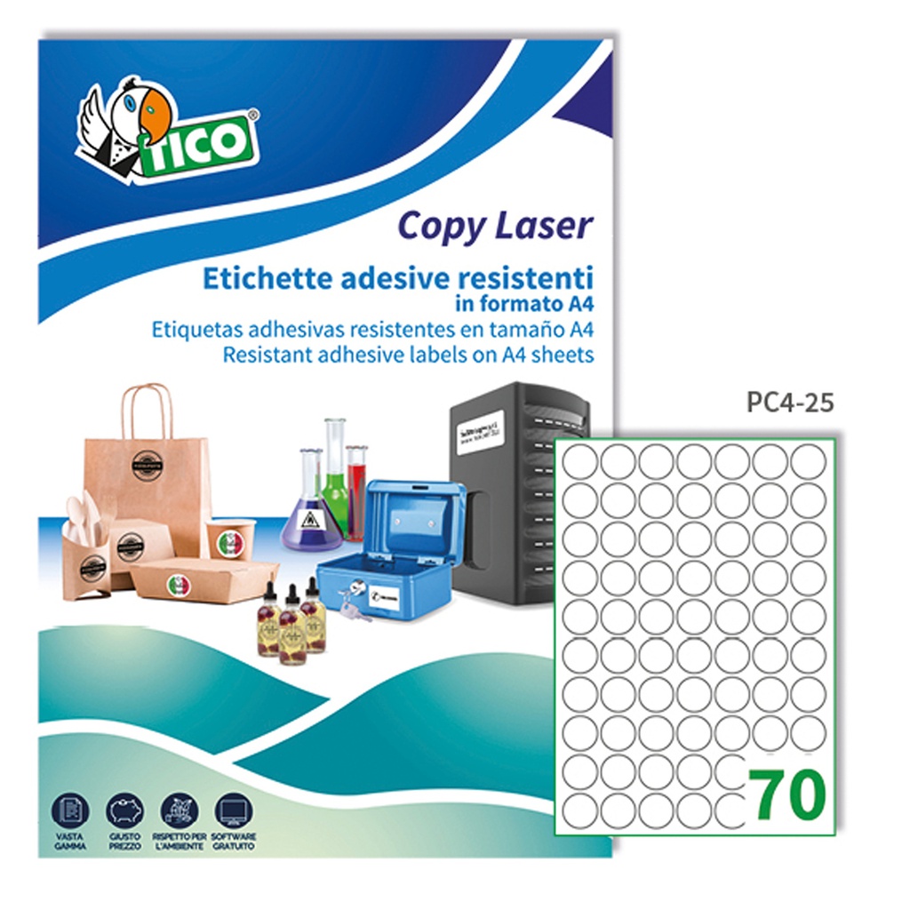 Poliestere adesivo PC4 trasparente 100fg A4 D25mm (70et/fg laser Tico