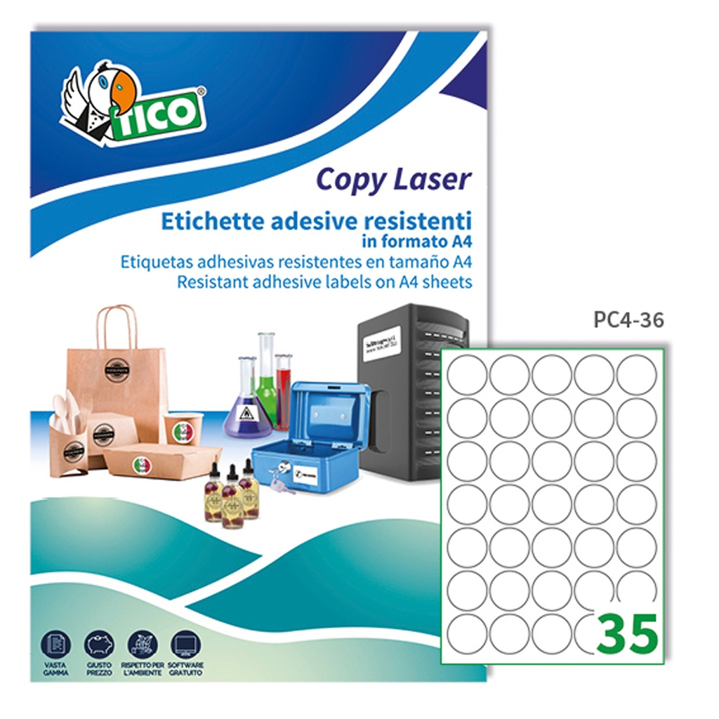 Poliestere adesivo PC4 trasparente 100fg A4 D36mm (35et/fg laser Tico