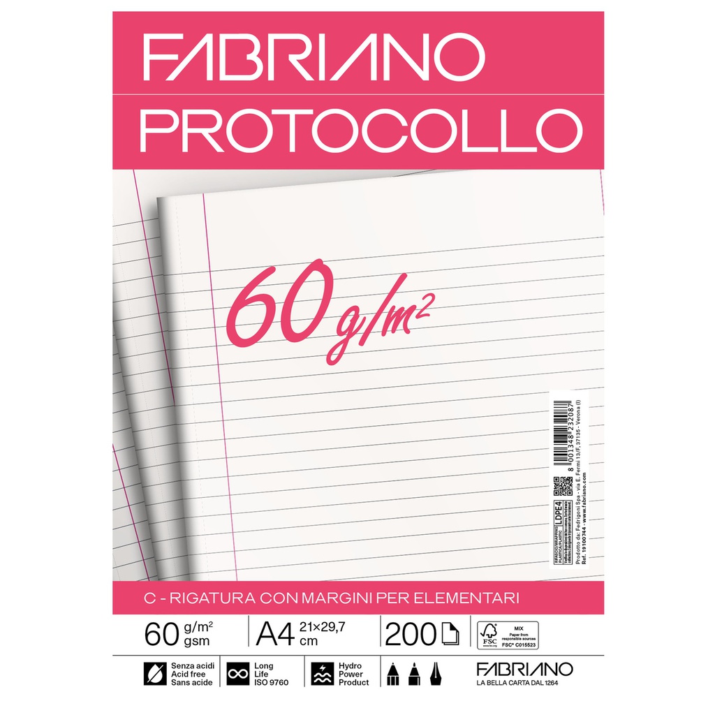 Protocollo 1rigo c/margine 200fg 60gr f.to A3 chiuso (21x29,7cm Fabriano