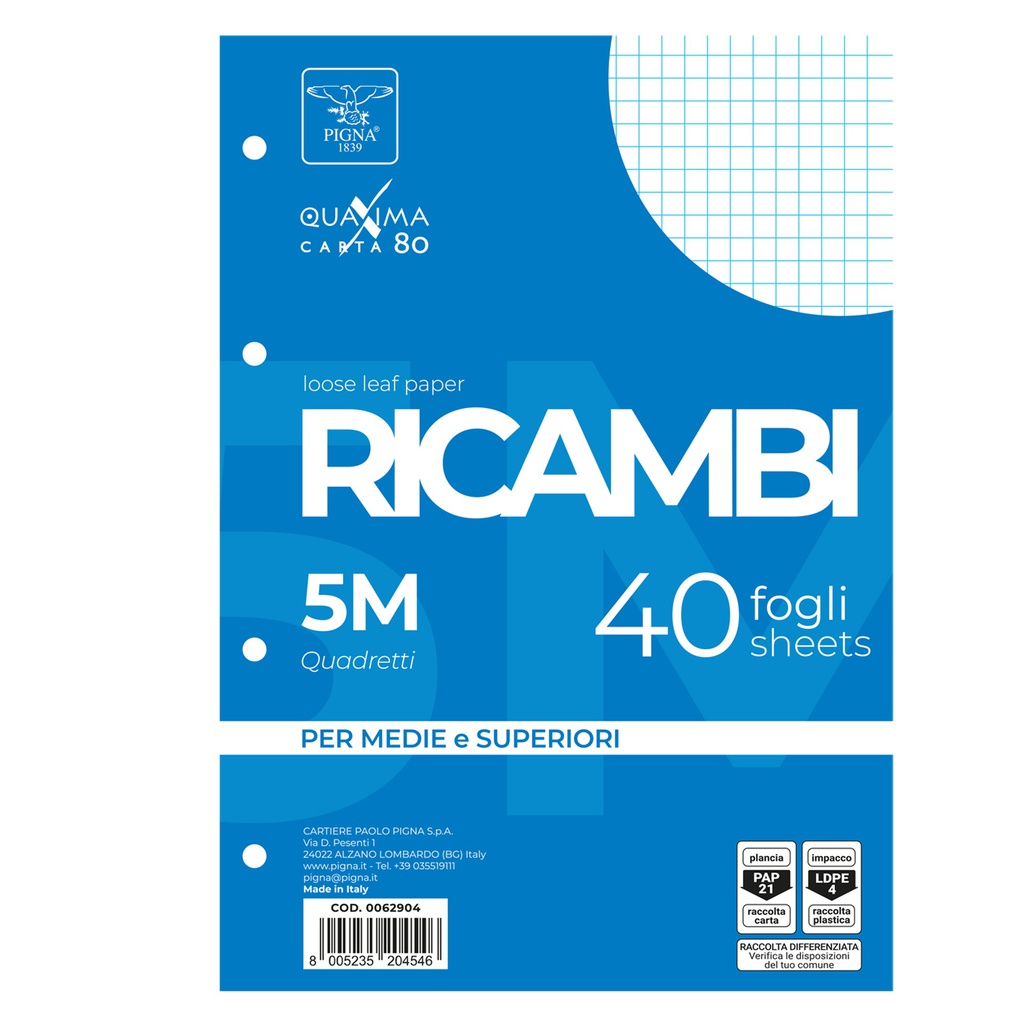 RICAMBI FORATI A5 5MM 80GR QUAXIMA 40FG 80GR PIGNA