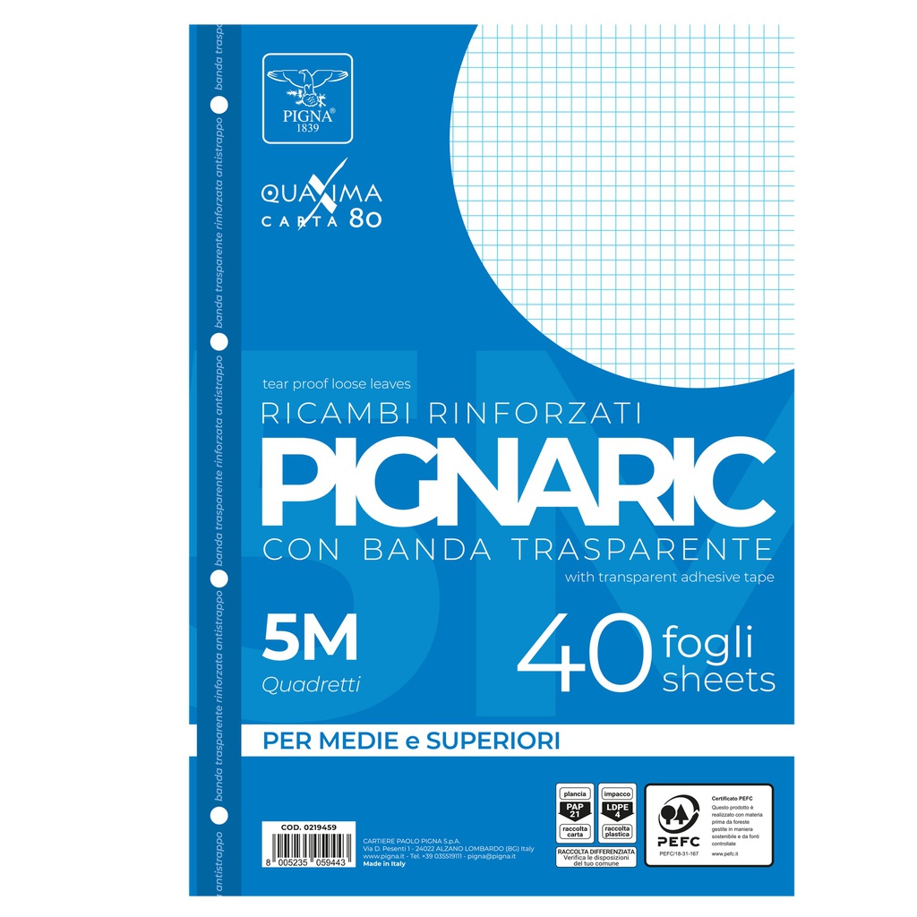 RICAMBI FORATI RINFORZATI A4 5MM 40FG 80GR PIGNARIC