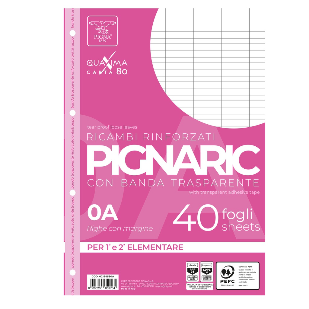 RICAMBI FORATI RINFORZATI A4 RIGO DI 1  40FG 80GR PIGNARIC