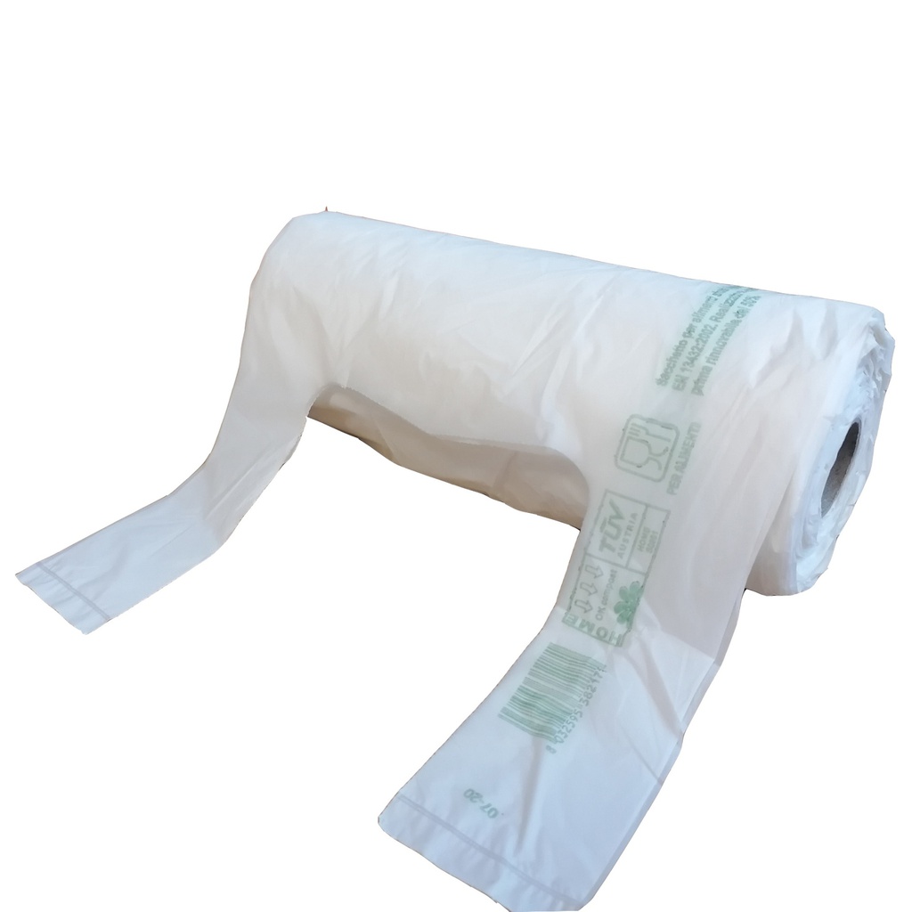 Rotolo da 200 Shopper bianchi MINI 13mic 22x50CM 6+6cm Mater-Bi