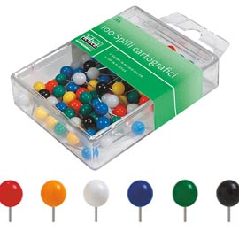 SCATOLA 100 SPILLI CARTOGRAFICI a SFERA ROSSO ART.266