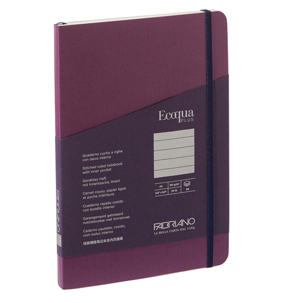 Taccuino c/elastico Ecoqua Plus cucito f.to A5 80 fg. righe vino Fabriano