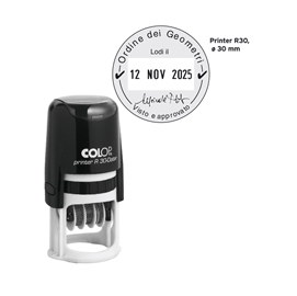 Timbro DATARIO R30 diametro 30mm 4righe autoinchiostrante personalizzabile COLOP