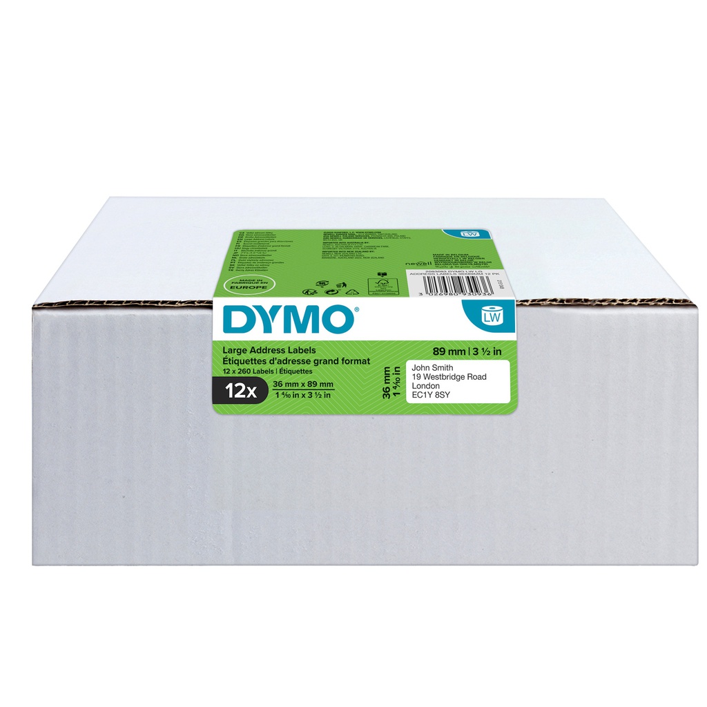 Value pack 12 rotoli etichette Indirizzi Estesi 36x89mm bianco (260e/rt Dymo LW