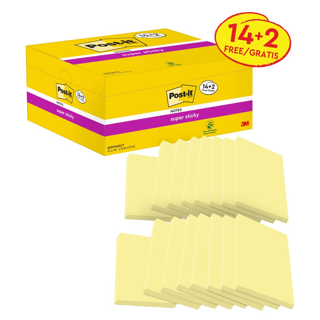 VALUE PACK 14+2 BLOCCO 90fg Post-it® Super Sticky Giallo Canary 76x127mm