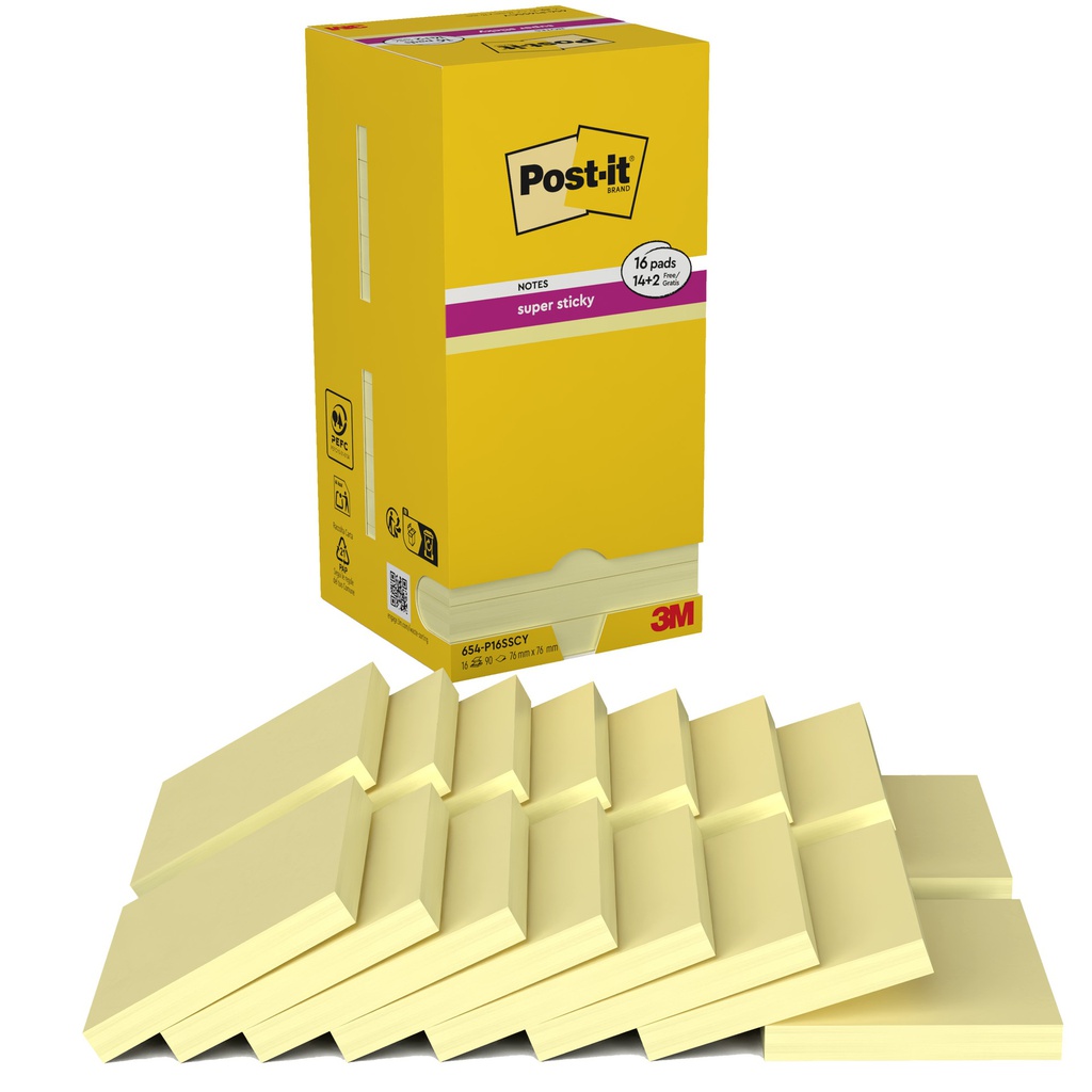 VALUE PACK 14+2 BLOCCO 90fg Post-it® Super Sticky Giallo Canary 76x76mm