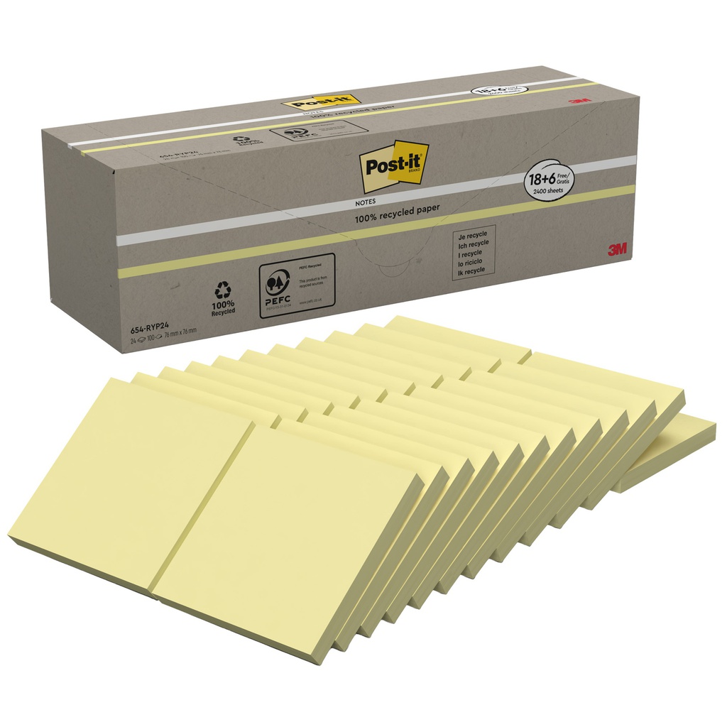 VALUE PACK 24 BLOCCO 100fg Post-it® CARTA RICICLATA GIALLO 76X76MM 654-RYP24