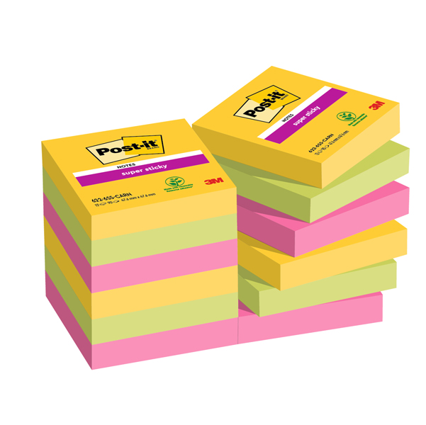 Cf. 12pz blocco 90fg. Post-it® Super Sticky 47,6x47,6mm 622-12SS-CARN Carnival