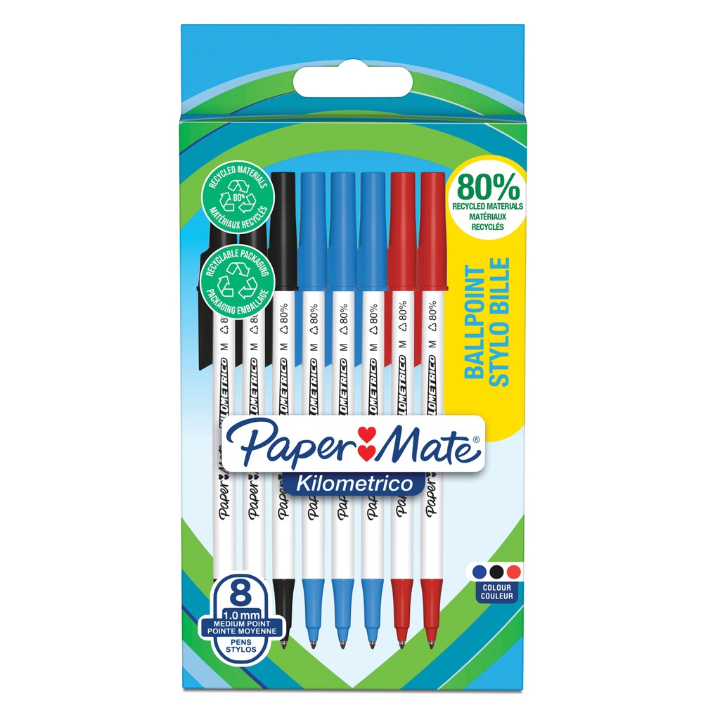 Astuccio 8 penne sfera c/cappuccio Kilometrico Recycled 1.0mm col.ass Papermate