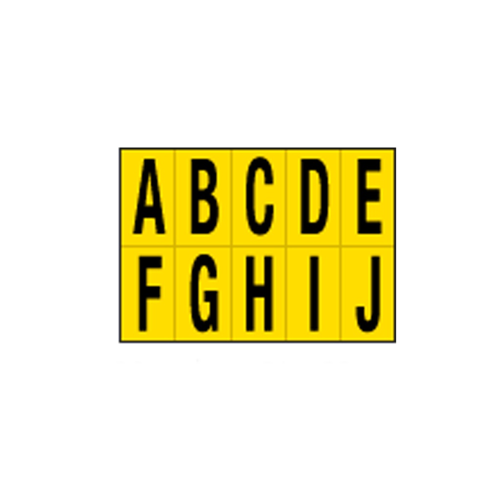 Foglio con 10 lettere autoadesivi da A a J nero/giallo 56x99mm