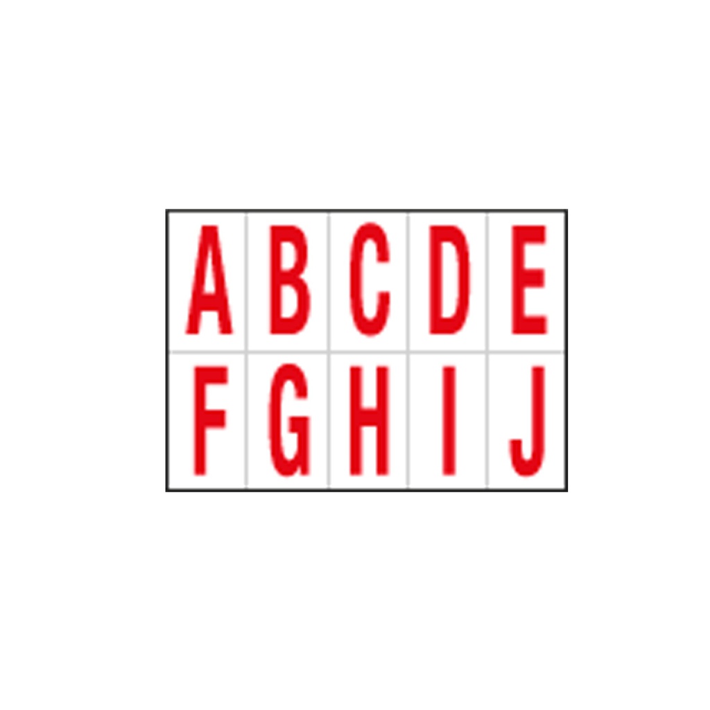 Foglio con 10 lettere autoadesivi da A a J rosso/bianco 56x99mm