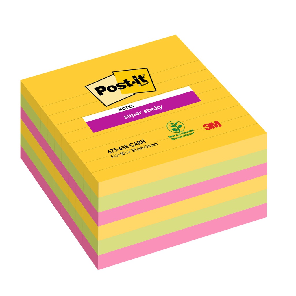 Cf. 6pz blocco 90fg. Post-it®Super Sticky 101x101mm righe Carnival 675-6SS-CARN