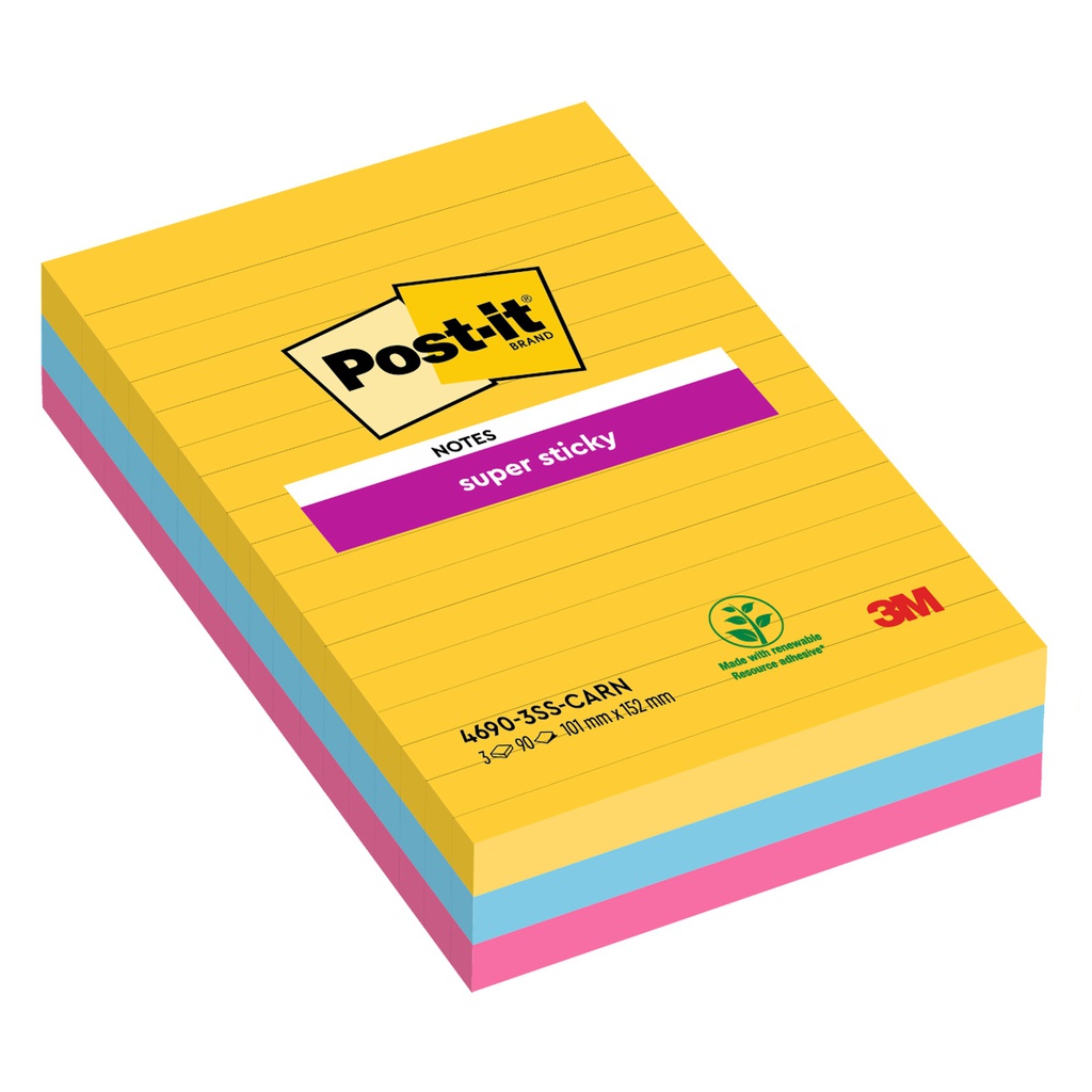 Cf.3pz blocco 90fg. Post-it®Super Sticky RIGHE 101x152mm 4690-3SS-CARN Carnival