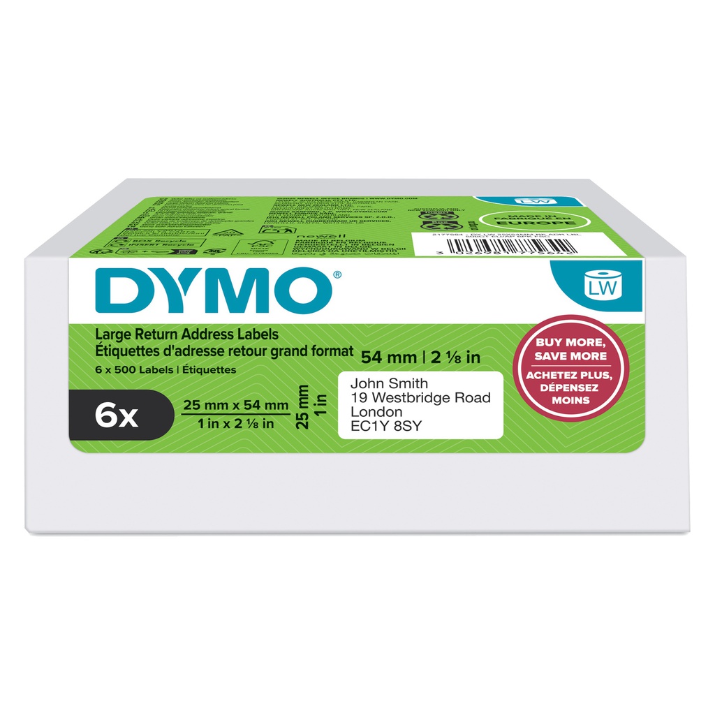 Value Pack 6 rotoli etichette LW per Indirizzi 25 x 54mm bianco Dymo
