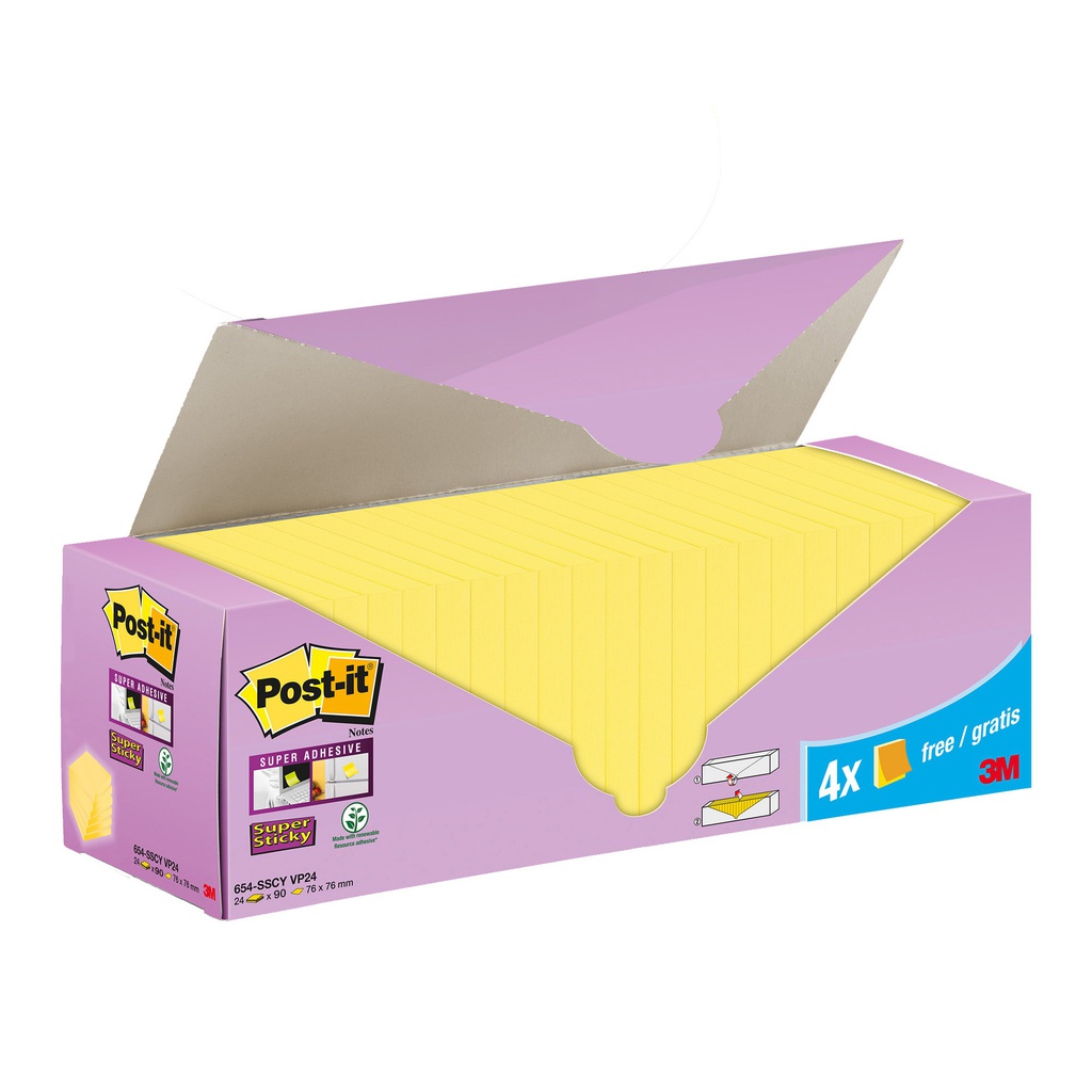 Cf. 20+4pz blocco 90fg.Post-it®Super Sticky 76x76mm 654-SSCY-VP24 giallo Canary