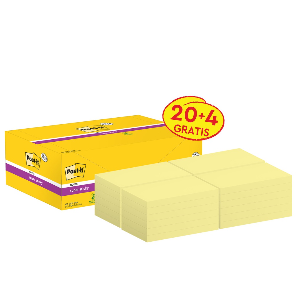 Cf20+4pz blocco 90fg.Post-it® Super Sticky 76x127mm655-SSCY-VP24 giallo Canary