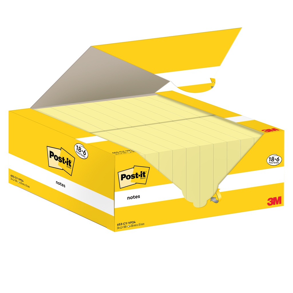 Cf. 18+6pz blocco 100fg.Post-it® Notes 38x51mm 653-CY-VP24 giallo Canary