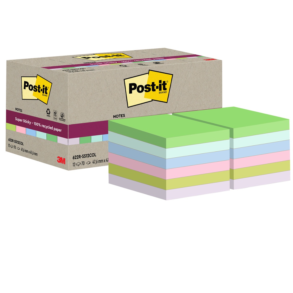 Cf 12pz blocco 70fg Post-it®SuperSticky Green 47,6x47x6mm 622R-SS12COL pastello