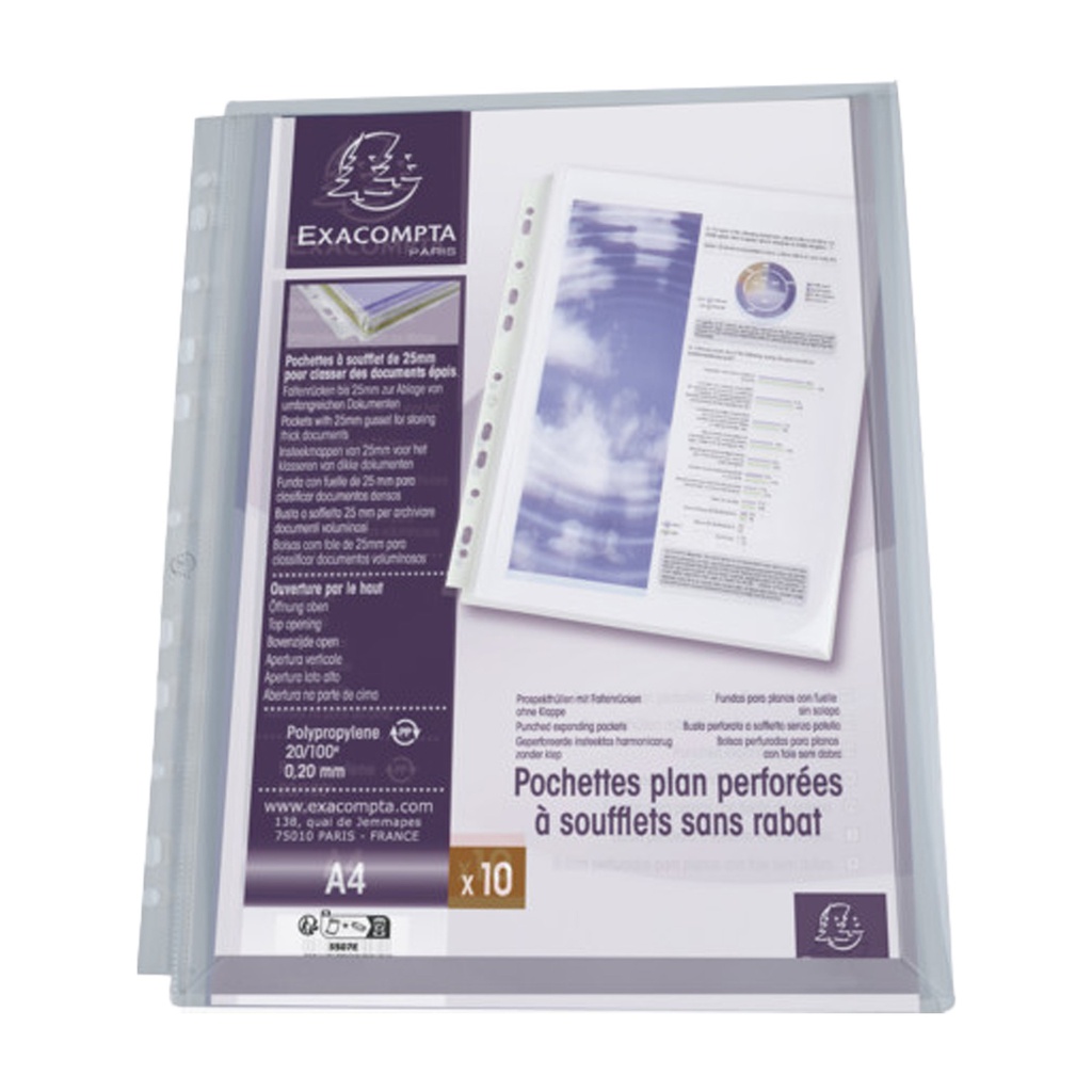 10 Buste forate c/soffietto in PPL liscio A4 5507E Exacompta