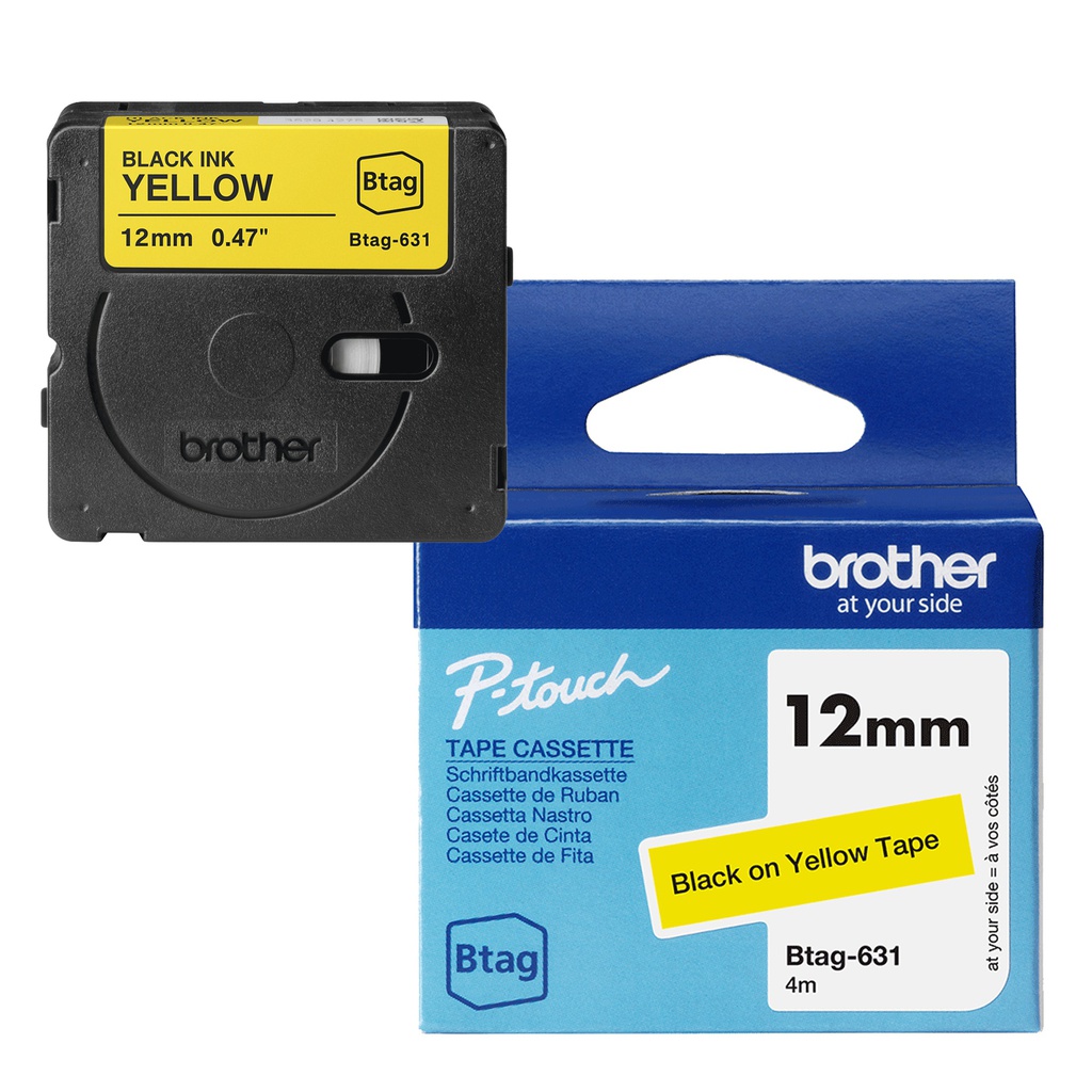 Brother Nastro BTAG631  da 12MM nero su giallo - lunghezza 4 m