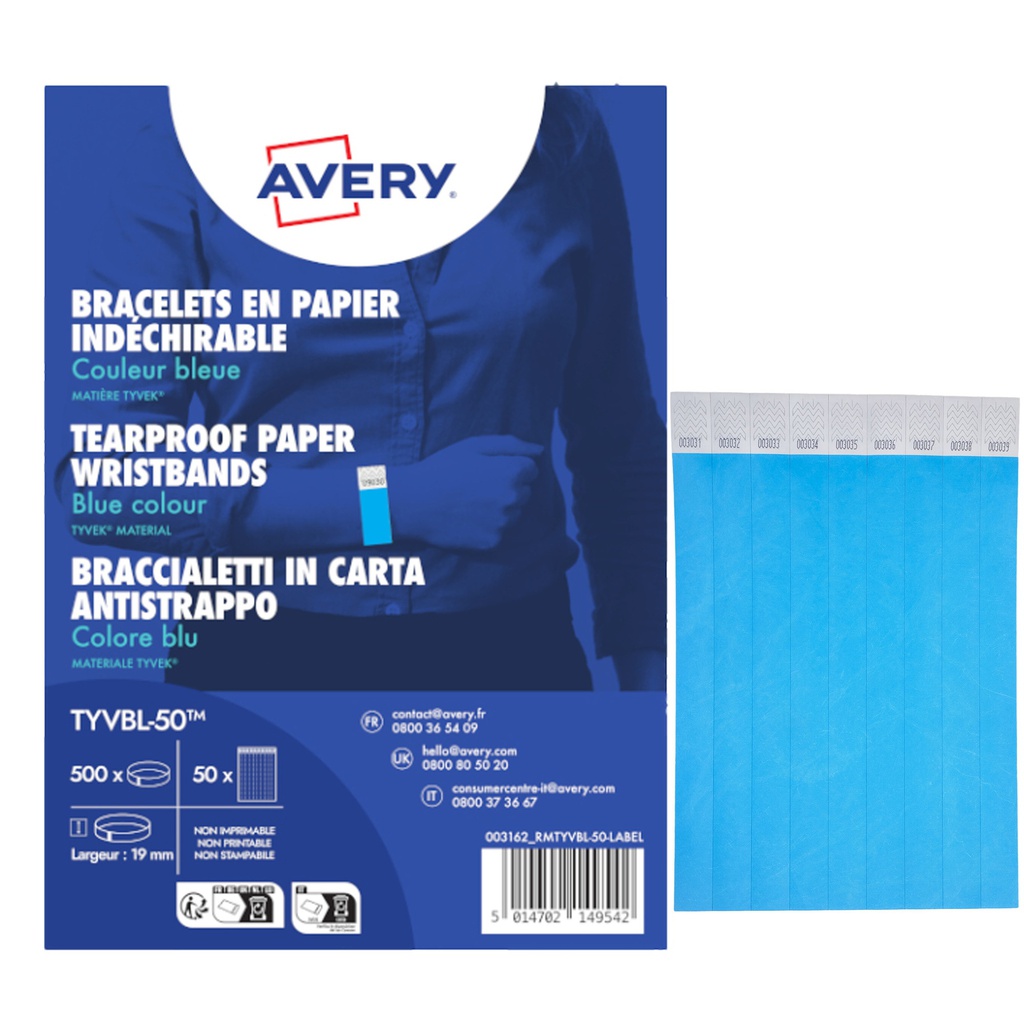 Conf. 500 braccialetti identificativi in Tyvek® blu fluo 256x19mm (10et/fg 50fg