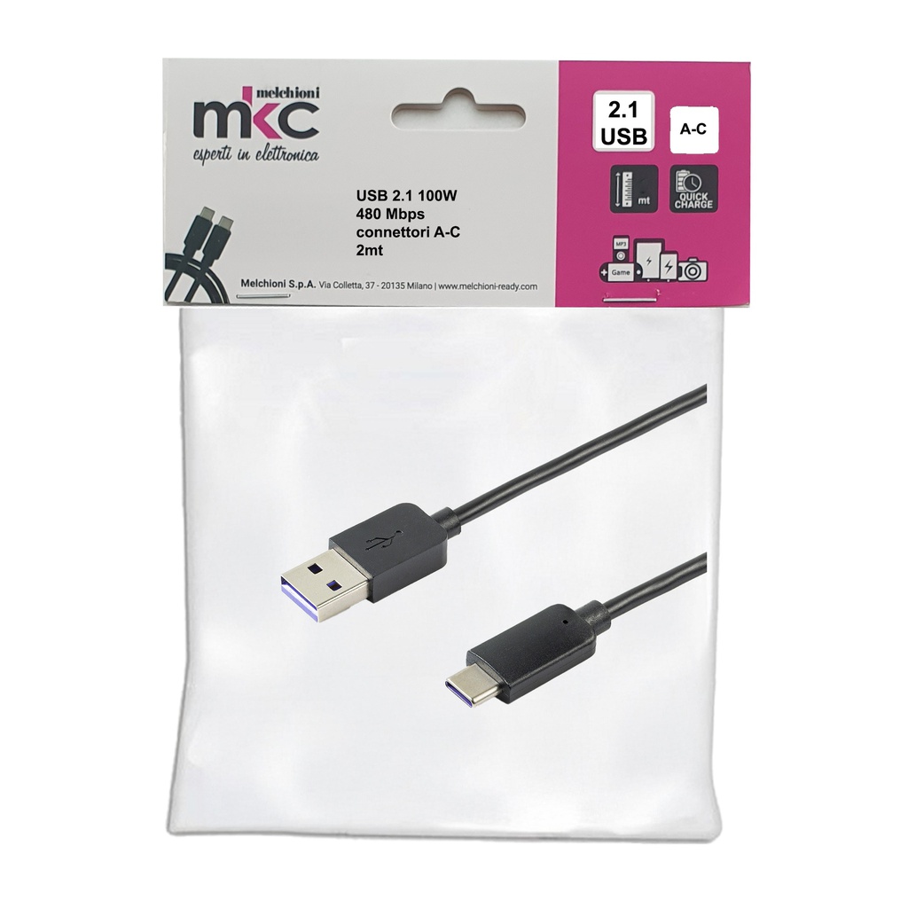 Cavo USB 2.0 100W 480Mbps con connettori A-C - 2mt