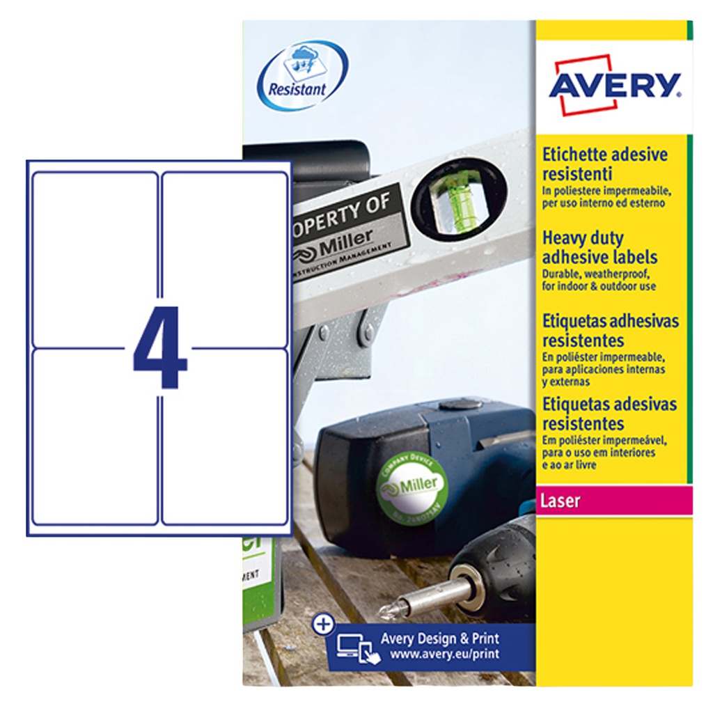 Poliestere adesivo L4774 bianco 8fg A4 99,1x139mm (4et/fg laser Avery