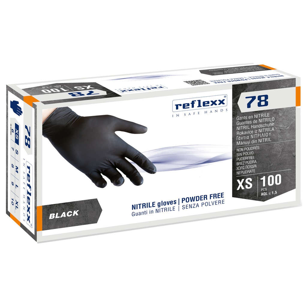 Conf 100 Guanti in nitrile R78 s/polvere tg XS nero Reflexx