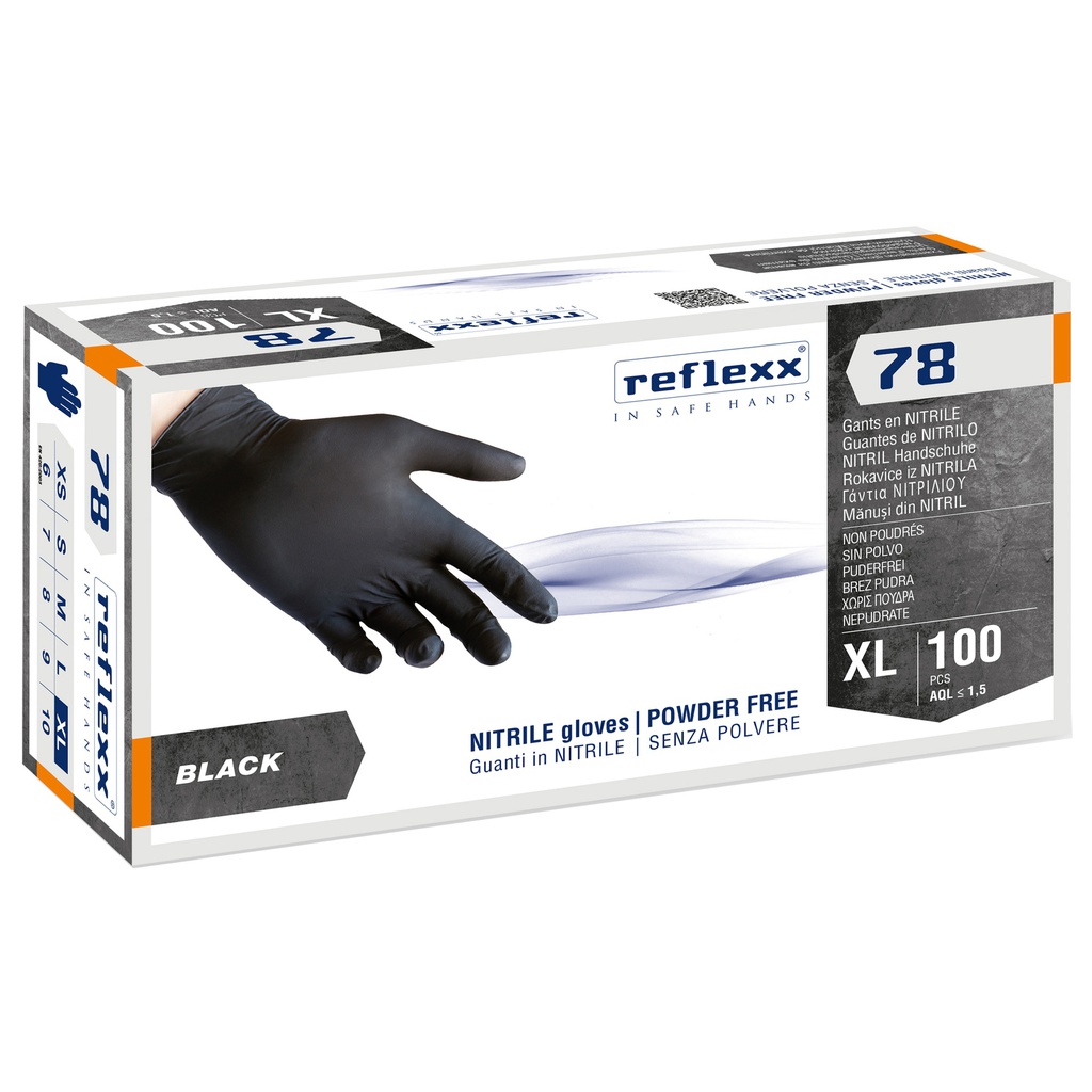 Conf 100 Guanti in nitrile R78 s/polvere tg XL nero Reflexx